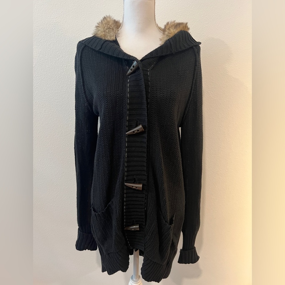 Black Knit Toggle Cardigan with Fur Trim